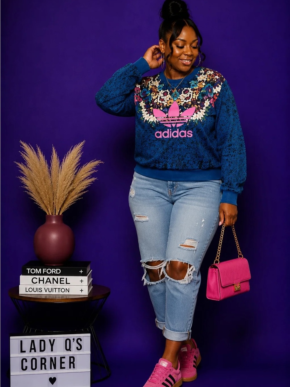 adidas Blue Floral Trefoil Crewneck Sweatshirt